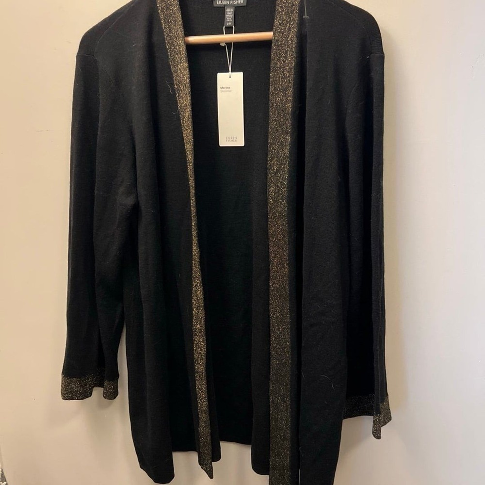 NWT Eileen Fisher Women's Open-Front  Shimmer Merino Cardigan Sweater Size L
